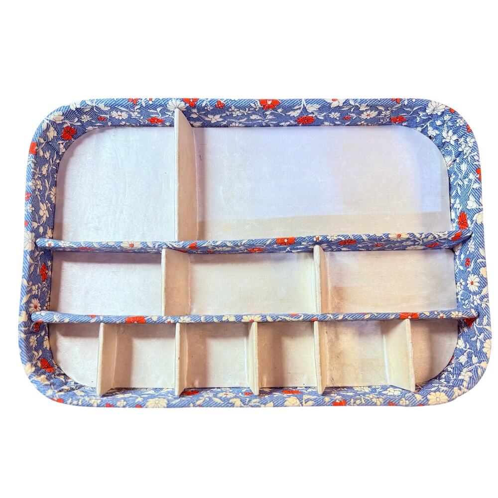 Vintage Floral Fabric Jewelry Organizer Tray Blue Red Vanity Storage Display Box